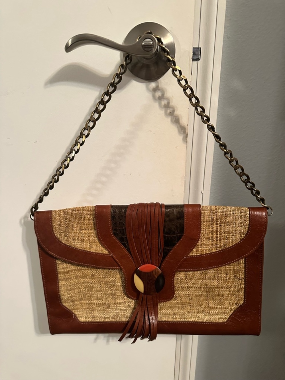 Elaine Turner Brown Leather & Straw Clutch with Tassel Accent